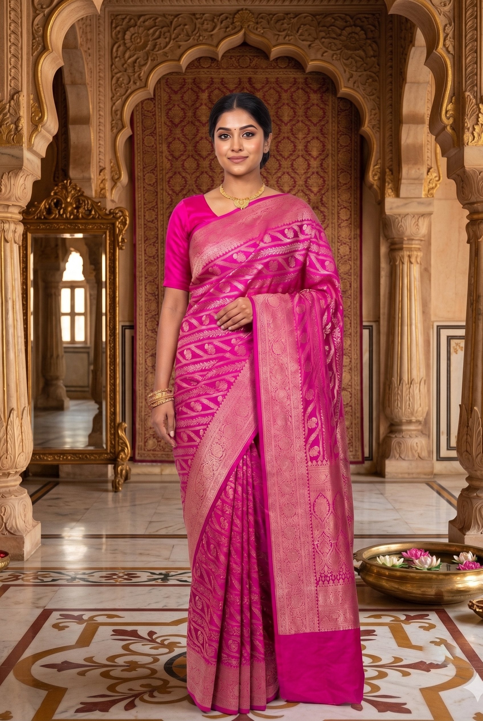 Majestic Fuchsia Pink Banarasi Silk Saree (2 piece set)